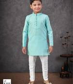 blue mix cotton kurta pajama set with thread work & fancy buttons