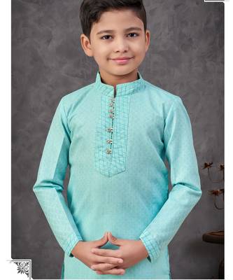 blue mix cotton kurta pajama set with thread work & fancy buttons 2