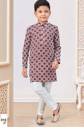 Maroon & white chikankari kurta pajama set with full computer embroidery thread & stone work