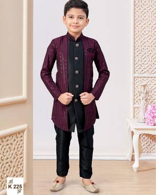 Wine & black jacket attached indo-western  set with computer stone work, lace & fancy buttons 1