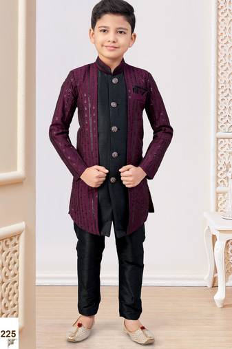 Wine & black jacket attached indo-western  set with computer stone work, lace & fancy buttons