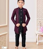 Wine & black jacket attached indo-western  set with computer stone work, lace & fancy buttons