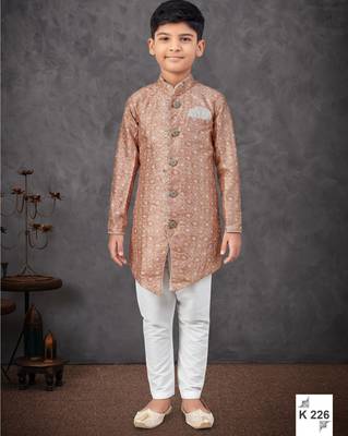 Beige & off-white indo-western set with embroidery, digital print & fancy buttons 1