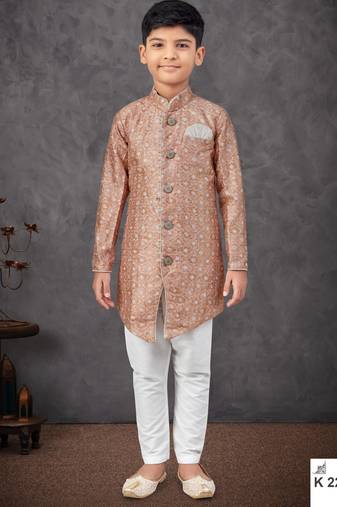 Beige & off-white indo-western set with embroidery, digital print & fancy buttons