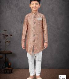 Beige & off-white indo-western set with embroidery, digital print & fancy buttons