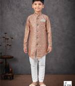 Beige & off-white indo-western set with embroidery, digital print & fancy buttons