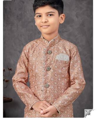 Beige & off-white indo-western set with embroidery, digital print & fancy buttons 2