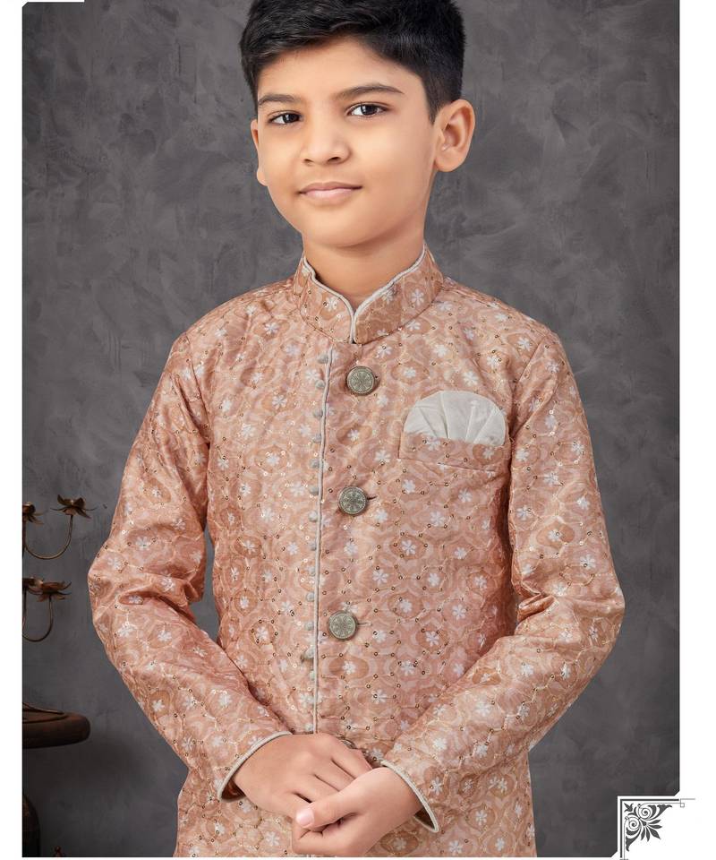 Beige & off-white indo-western set with embroidery, digital print & fancy buttons