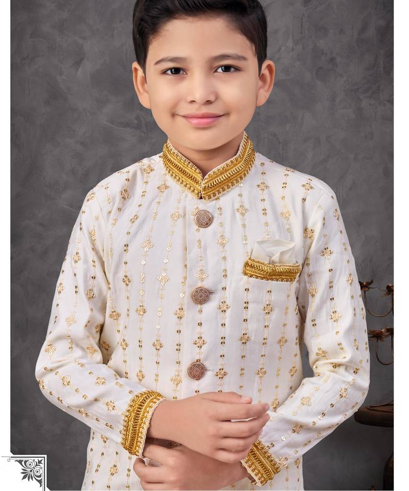 Off white jacket attached indo-western  set with computer stone work, lace & fancy buttons