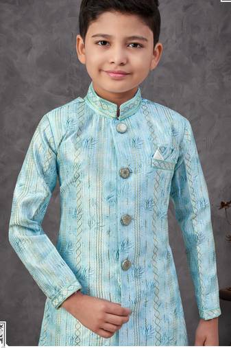Blue colour indo-western set with embroidery, digital print & fancy buttons