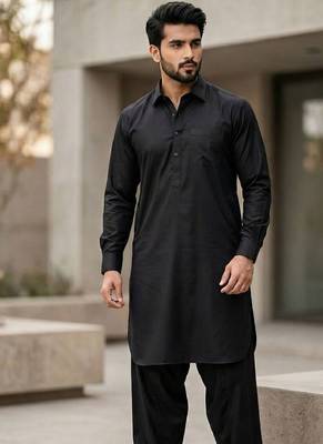 Black cotton plain party wear kurta and payjama 2