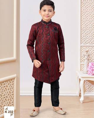 Dark maroon colour indo-western set with embroidery, digital print & fancy buttons 1