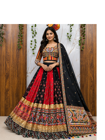 Malai Silk gital print lehenga with dupatta mirror work navratri special chaniya choli 1