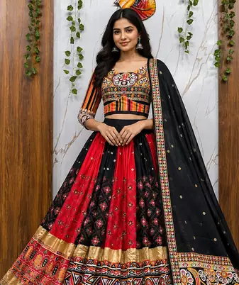 Malai Silk gital print lehenga with dupatta mirror work navratri special chaniya choli