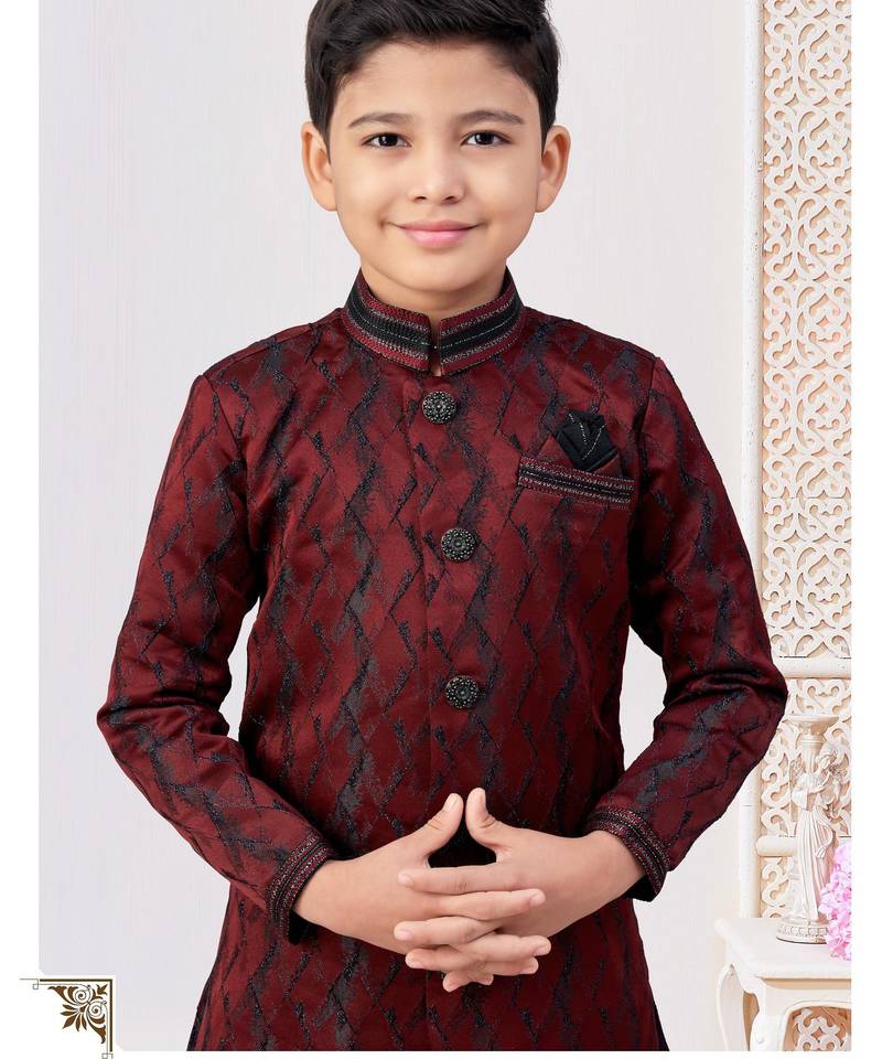 Dark maroon colour indo-western set with embroidery, digital print & fancy buttons