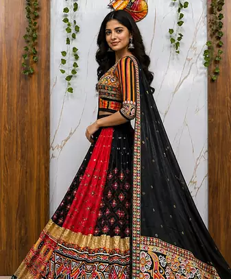 Malai Silk gital print lehenga with dupatta mirror work navratri special chaniya choli