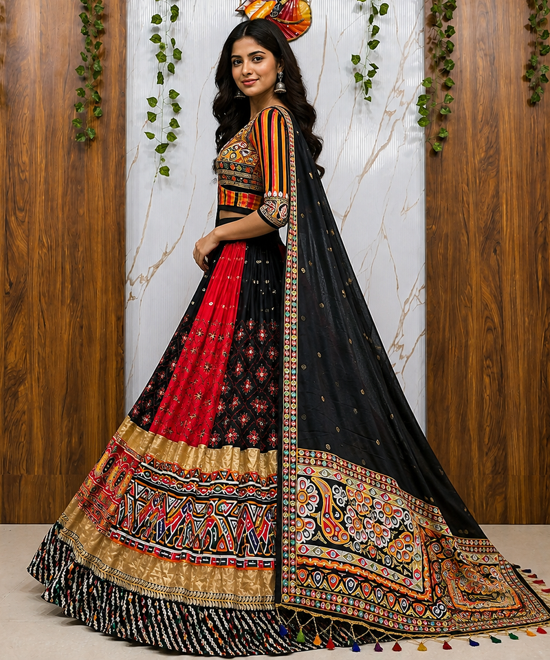 Malai Silk gital print lehenga with dupatta mirror work navratri special chaniya choli