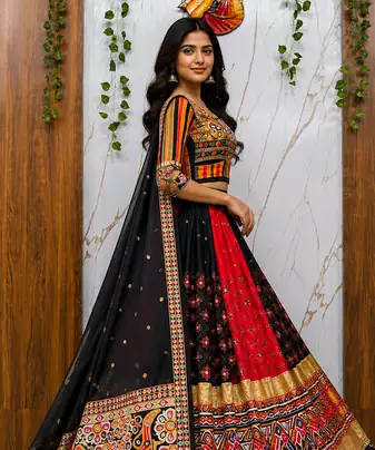 Malai Silk gital print lehenga with dupatta mirror work navratri special chaniya choli