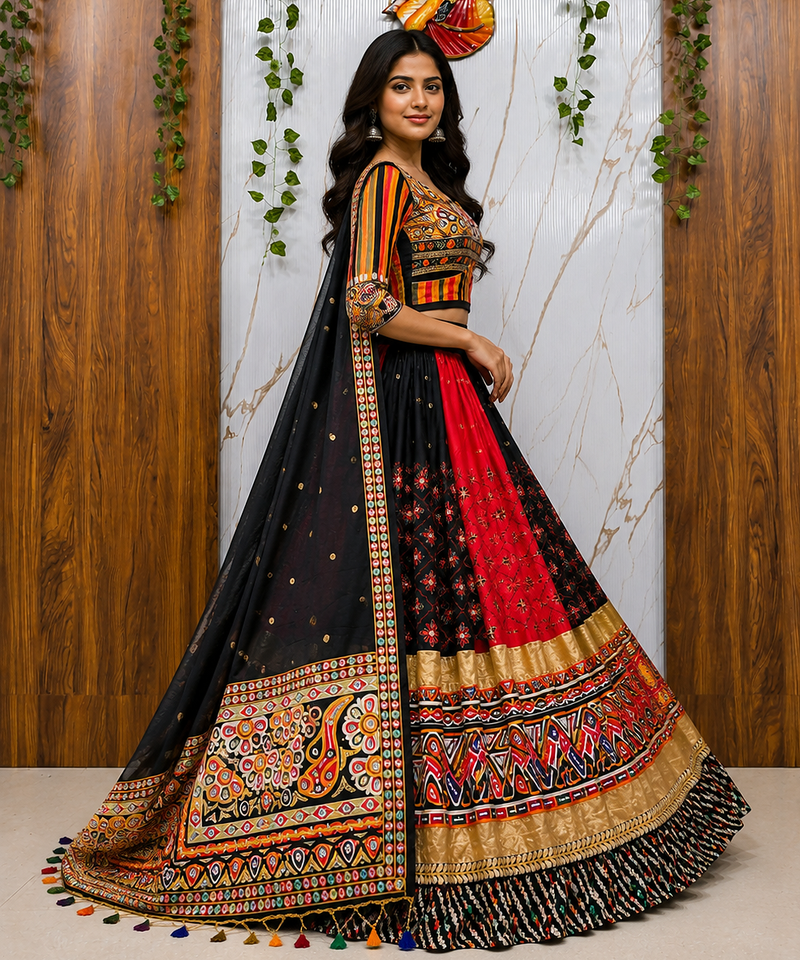 Malai Silk gital print lehenga with dupatta mirror work navratri special chaniya choli