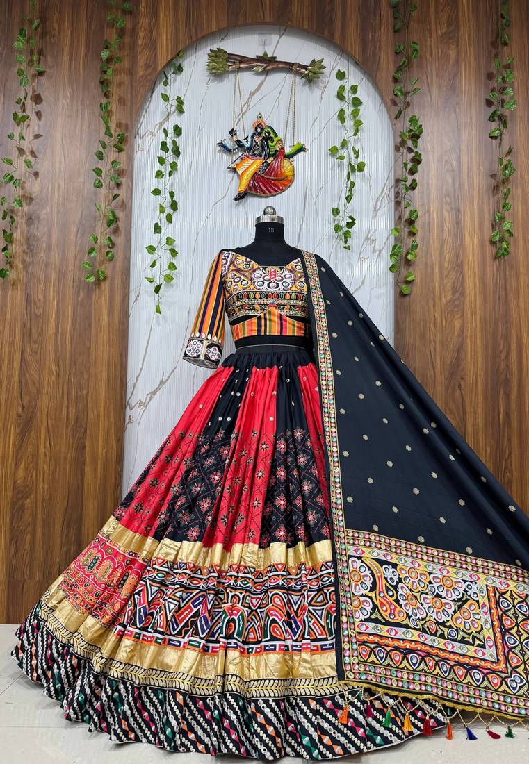 Malai Silk gital print lehenga with dupatta mirror work navratri special chaniya choli