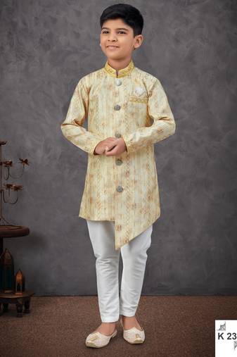 Yellow colour indo-western set with embroidery, digital print & fancy buttons