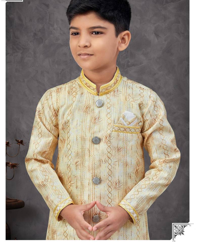 Yellow colour indo-western set with embroidery, digital print & fancy buttons