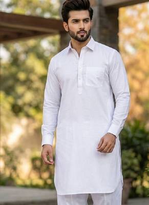 White cotton plain party wear kurta and payjama 2