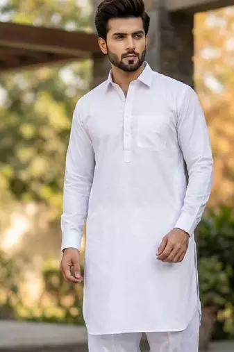 White cotton plain party wear kurta and payjama