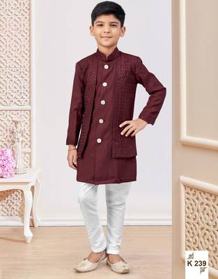 Dark maroon colour indo-western set with embroidery, digital print & fancy buttons 1