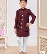 Dark maroon colour indo-western set with embroidery, digital print & fancy buttons