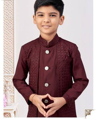 Dark maroon colour indo-western set with embroidery, digital print & fancy buttons 2