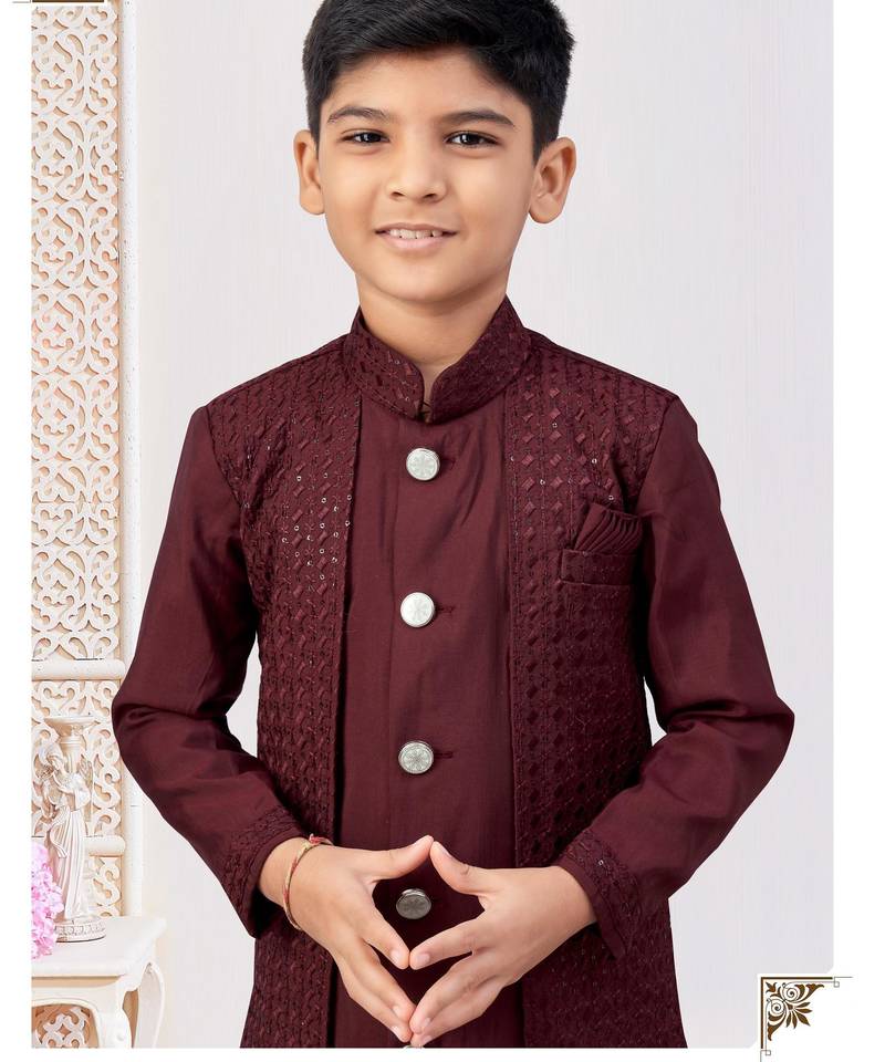 Dark maroon colour indo-western set with embroidery, digital print & fancy buttons