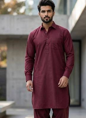 Maroon cotton plain party wear kurta and payjama 2