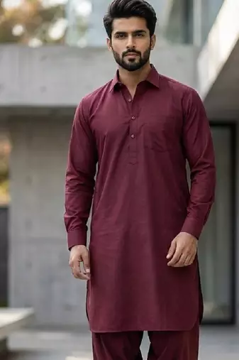 Maroon cotton plain party wear kurta and payjama