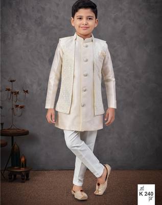 Cream jacket-attached indo-western set with stone work, lace & fancy buttons 1