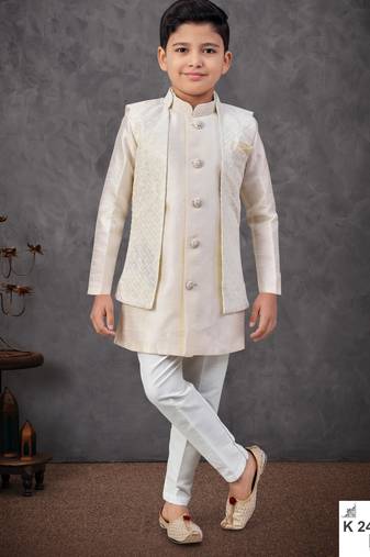 Cream jacket-attached indo-western set with stone work, lace & fancy buttons