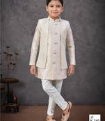 Cream jacket-attached indo-western set with stone work, lace & fancy buttons