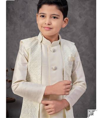 Cream jacket-attached indo-western set with stone work, lace & fancy buttons 2