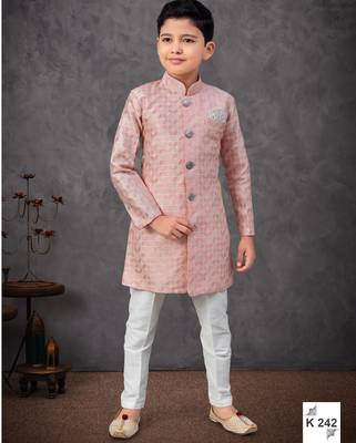 Peach colour indo-western set with embroidery, digital print & fancy buttons 1