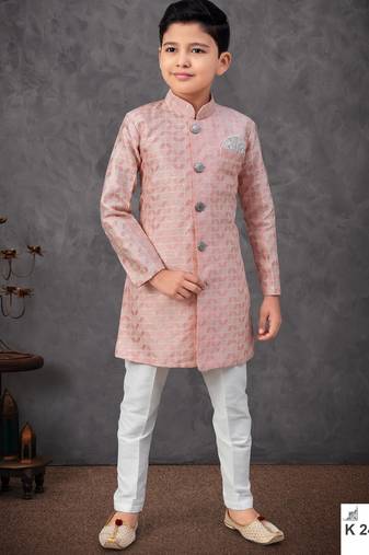 Peach colour indo-western set with embroidery, digital print & fancy buttons