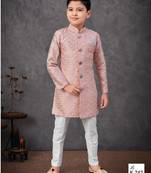 Peach colour indo-western set with embroidery, digital print & fancy buttons