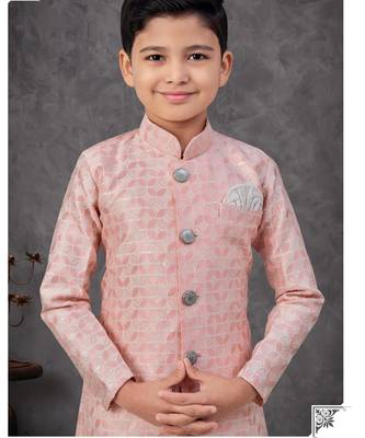 Peach colour indo-western set with embroidery, digital print & fancy buttons 2