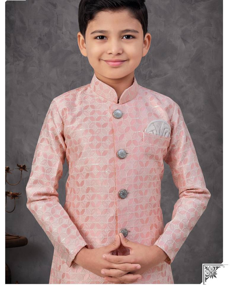 Peach colour indo-western set with embroidery, digital print & fancy buttons