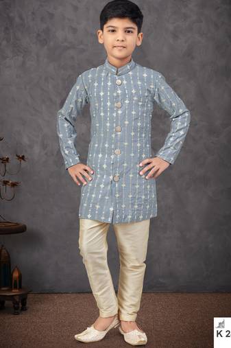 Grey colour indo-western set with embroidery, digital print & fancy buttons