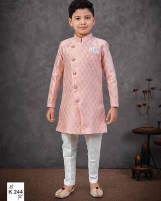 Peach colour indo-western set with embroidery, digital print & fancy buttons 1