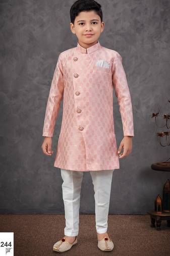 Peach colour indo-western set with embroidery, digital print & fancy buttons