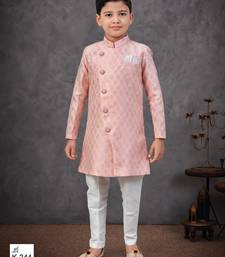 Peach colour indo-western set with embroidery, digital print & fancy buttons