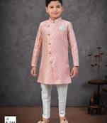 Peach colour indo-western set with embroidery, digital print & fancy buttons