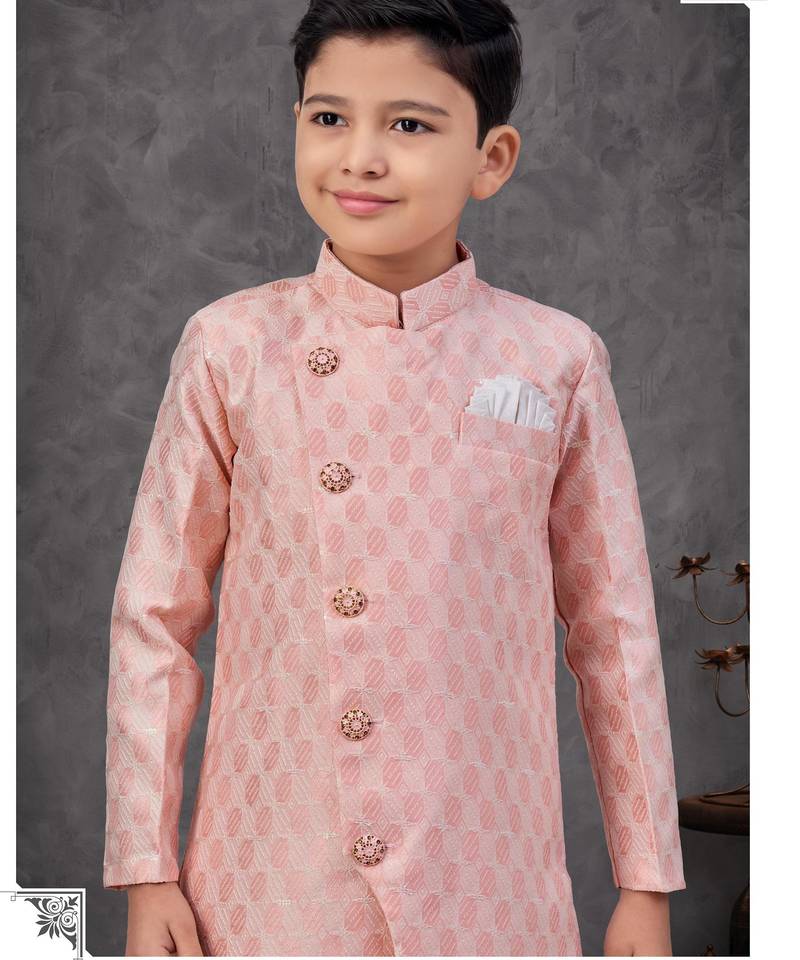 Peach colour indo-western set with embroidery, digital print & fancy buttons