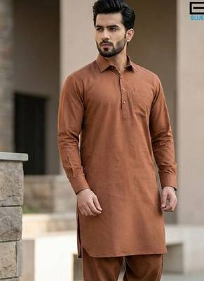 Orange cotton plain party wear kurta and payjama 2